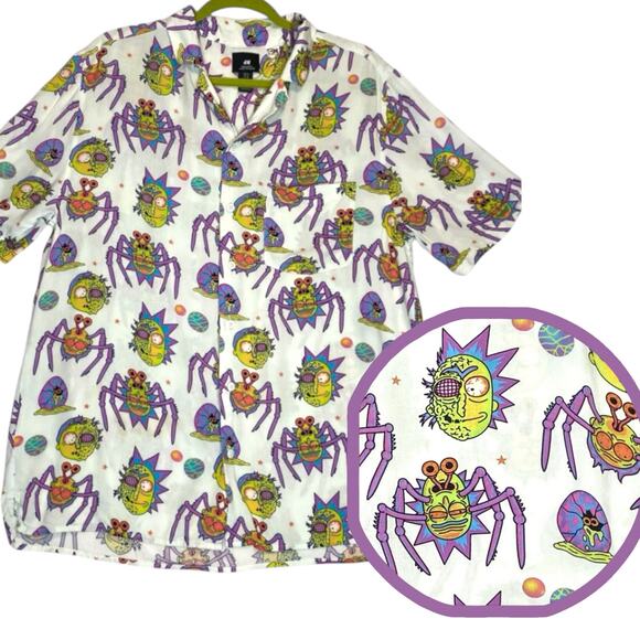 H&M Rick & Morty Button Up Shirt Mens M Cartoon Gothic‎ Novelty Vacation Kidcore - Picture 1 of 8